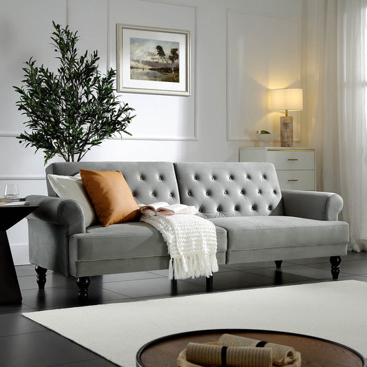 Canapé-lit Chesterfield 3 places Hanney en velours gris