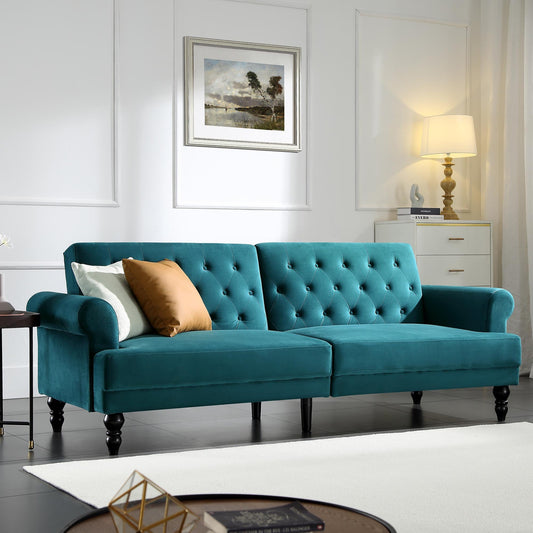 Canapé-lit Chesterfield 3 places Hanney en velours bleu sarcelle