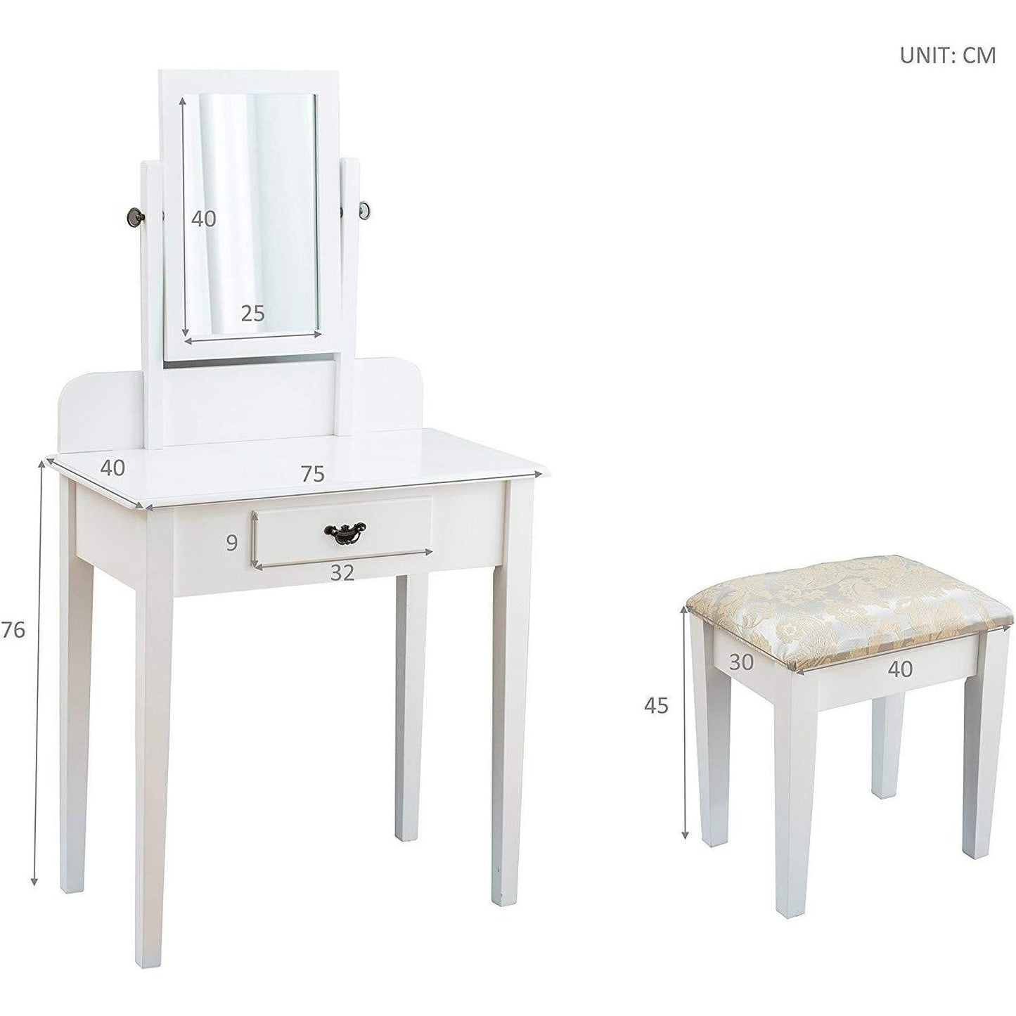 Coiffeuse blanche à 1 tiroir avec tabouret et miroir carré simple