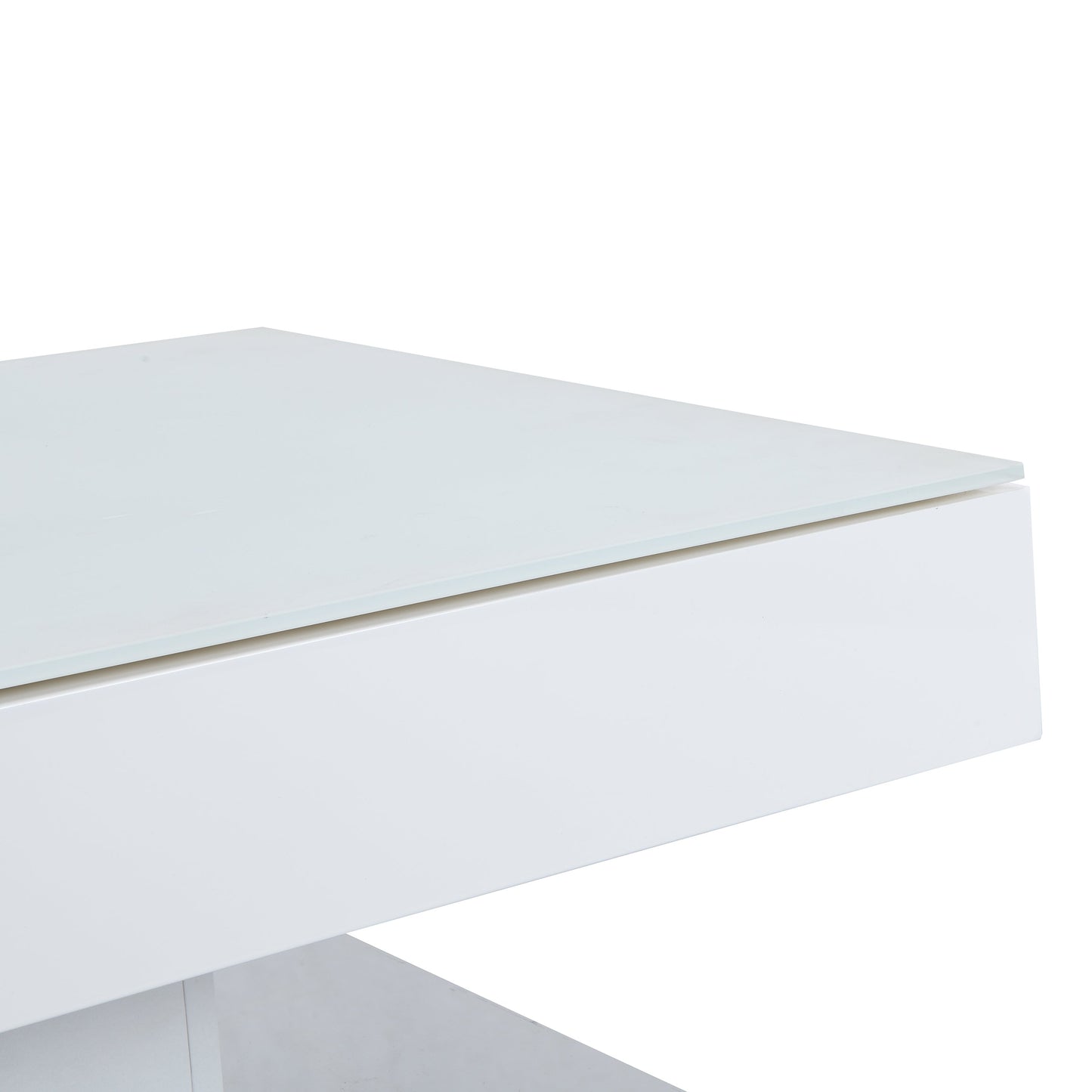 Table basse pivotante Finch blanche avec plateau en verre dépoli et base en acier inoxydable