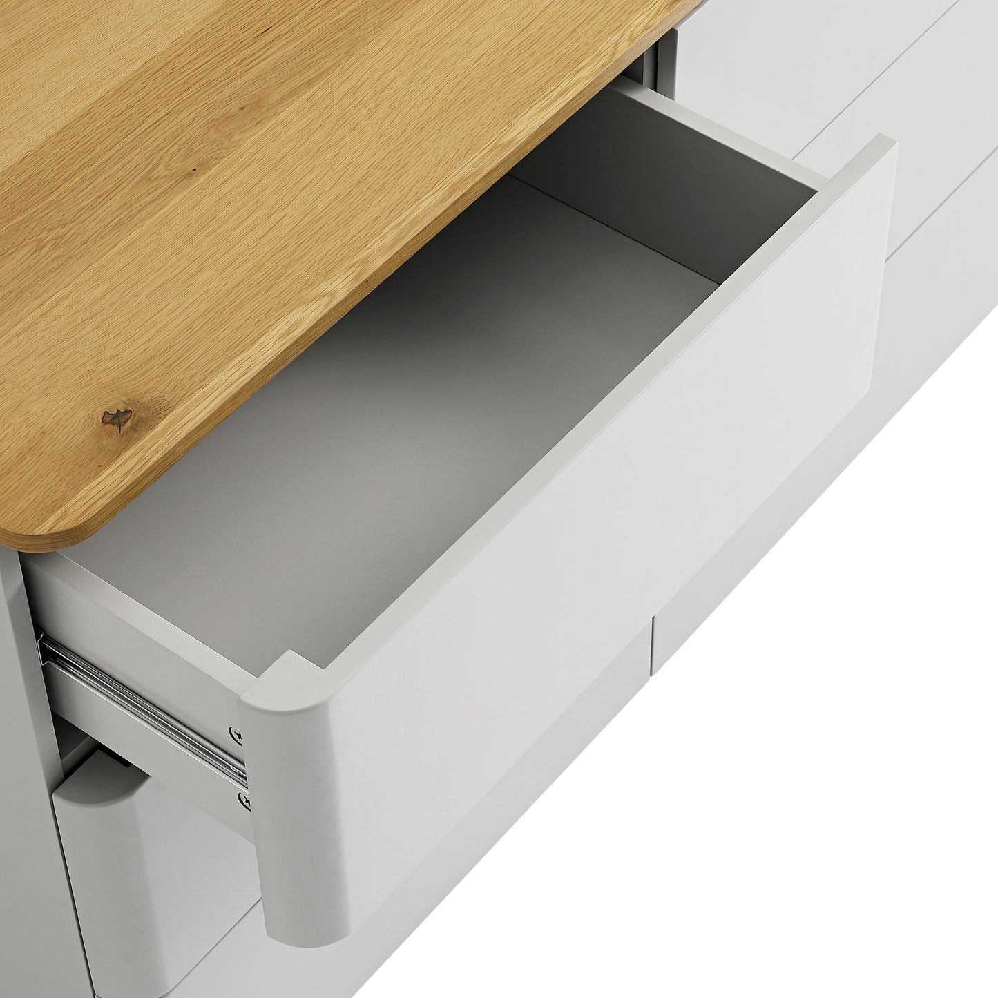 Commode 6 tiroirs à bords incurvés Agnes, gris tourterelle avec plateau en chêne