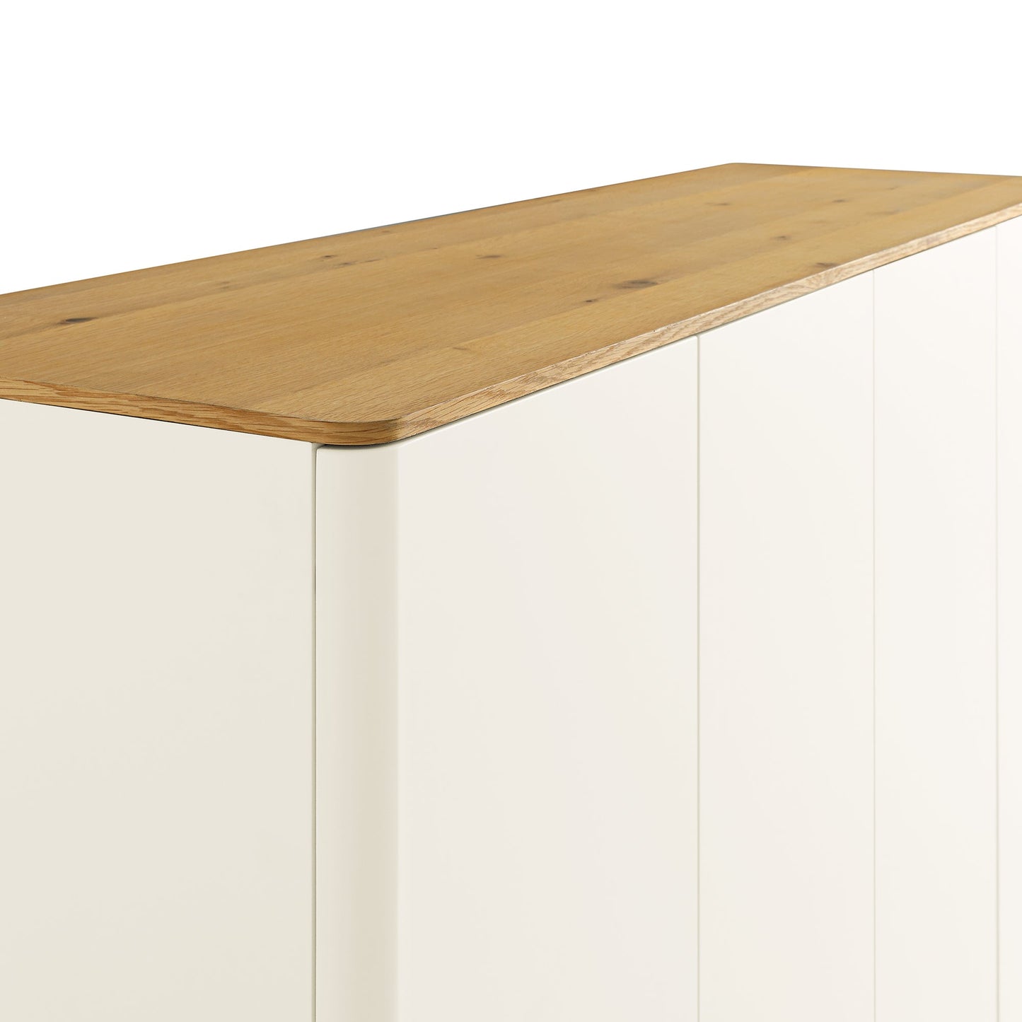 Armoire 4 portes à bords incurvés Agnes, blanc cassé avec plateau en chêne