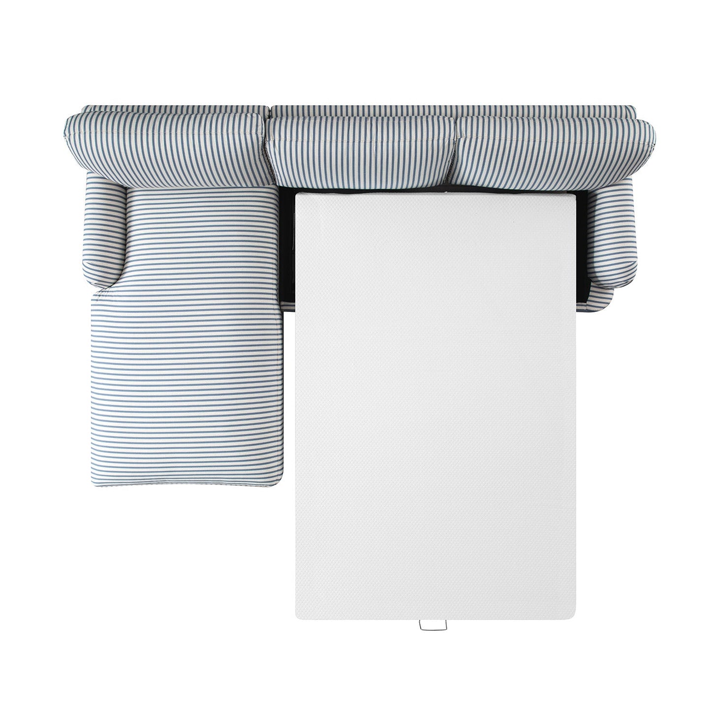 Canapé-lit Daphnis en lin mélangé à rayures bleues, grande méridienne orientée à gauche