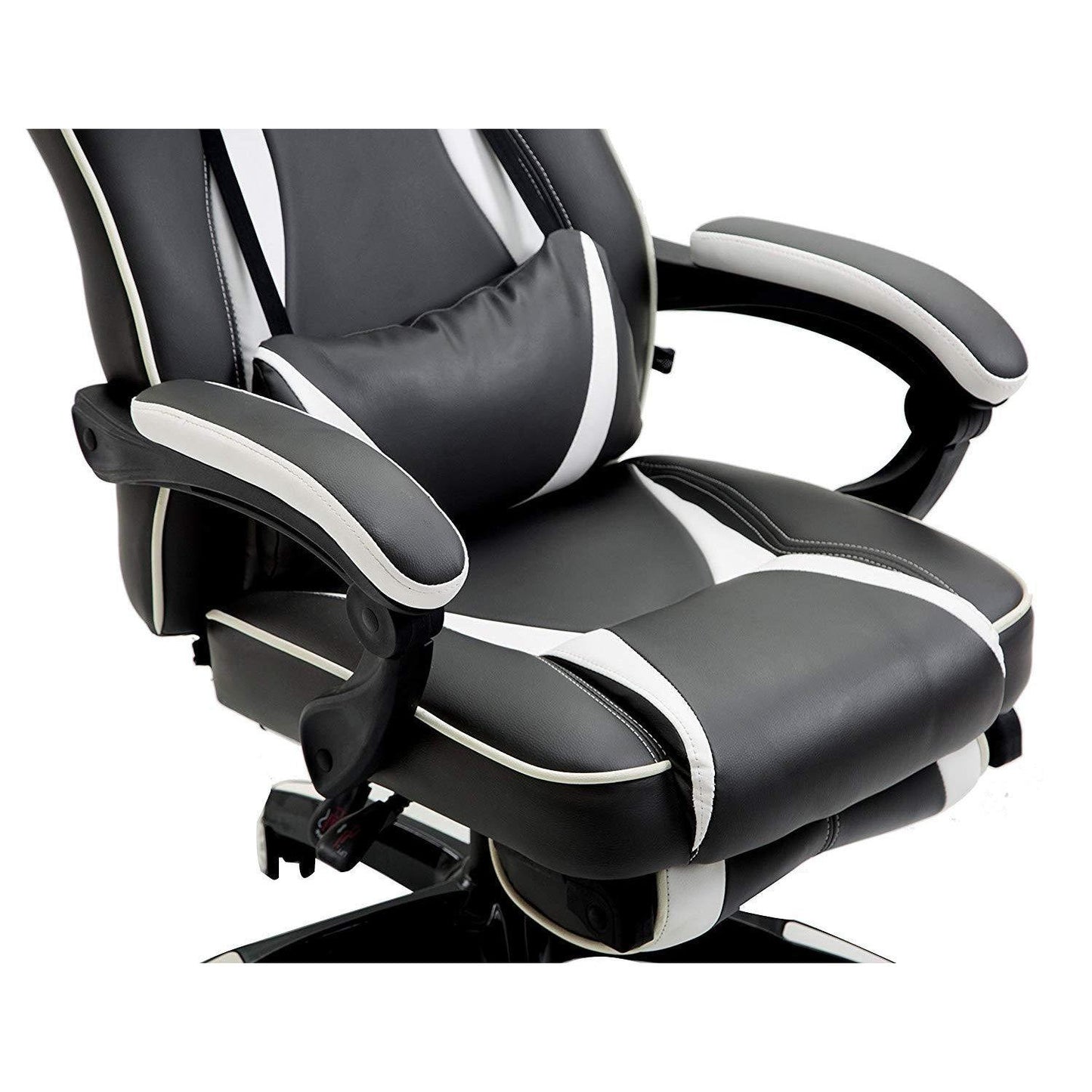 Fauteuil de jeu pivotant inclinable à dossier haut avec repose-pieds et coussin lombaire et de tête réglable, MR49 noir et blanc