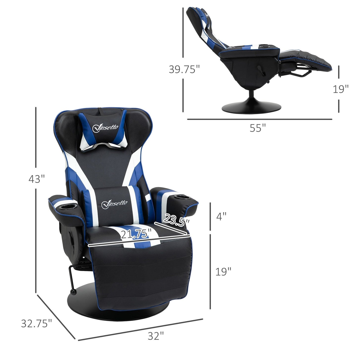 Fauteuil de jeu inclinable sans accoudoirs en PVC avec repose-pieds, porte-gobelets et surpiqûres en losange