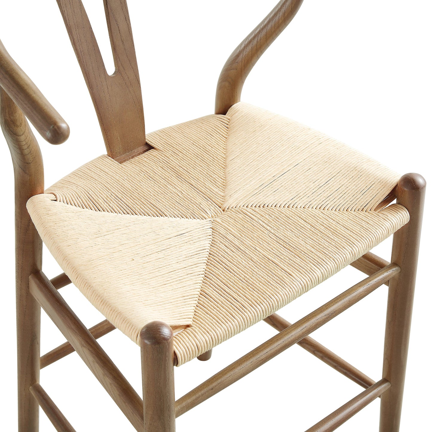 Tabouret de bar Hansel en bois tressé naturel, cadre couleur noyer clair