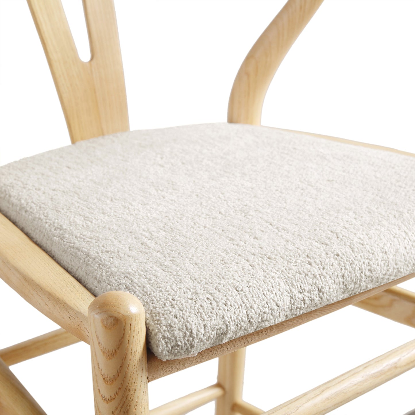 Tabouret de bar rembourré Hansel, boucle blanc ivoire et cadre naturel