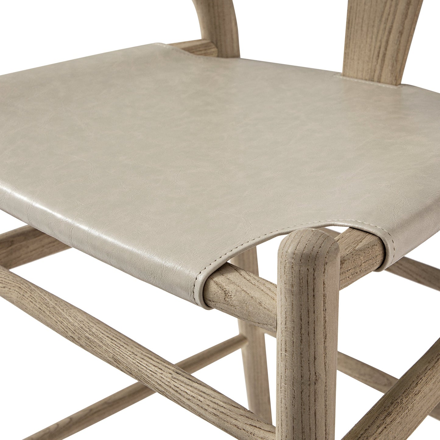 Tabouret de bar Hansel, structure en orme patiné et assise en similicuir gris clair