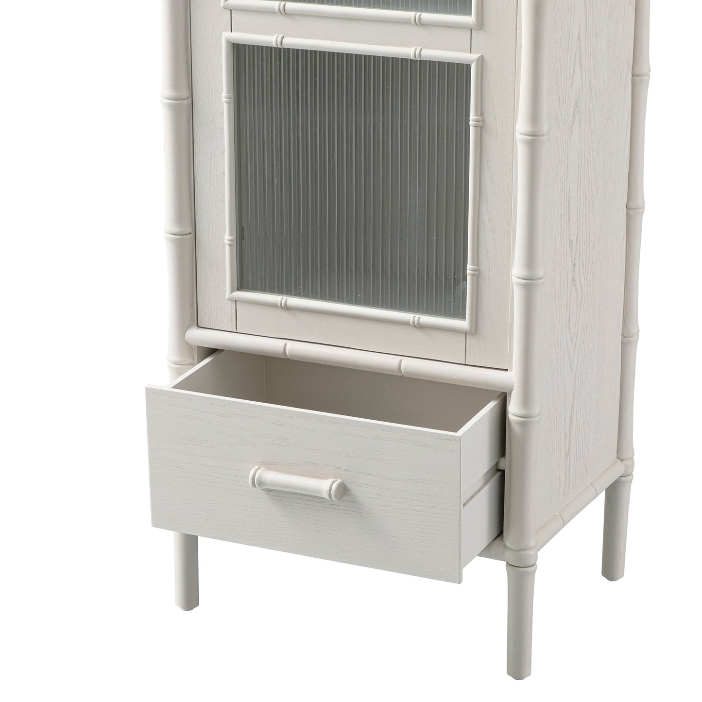 Armoire 1 porte Elstowe en imitation bambou et verre cannelé, blanc ombré