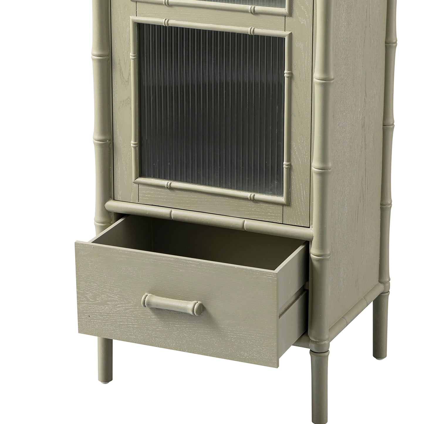 Armoire 1 porte Elstowe en imitation bambou et verre cannelé, vert sauge
