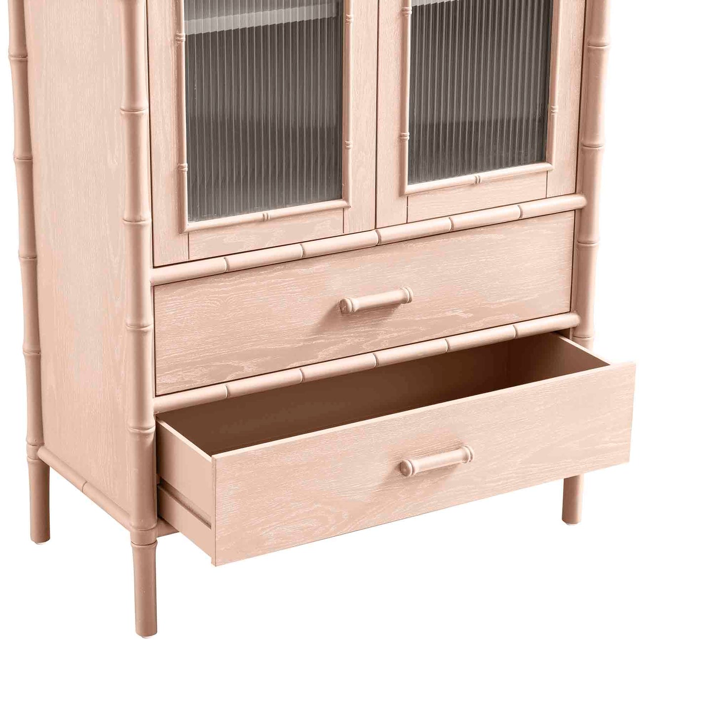 Armoire 2 portes Elstowe en imitation bambou et verre cannelé, rose nude