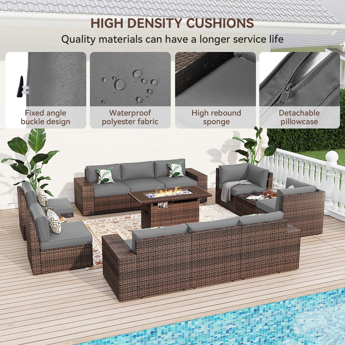 Ensemble de mobilier de patio 13 pièces avec table de foyer de 44 pouces