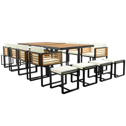 Ensemble de salle à manger de patio en bois d'acacia 18 pièces, comprenant 8 chaises rembourrées, 8 poufs et 2 tables carrées