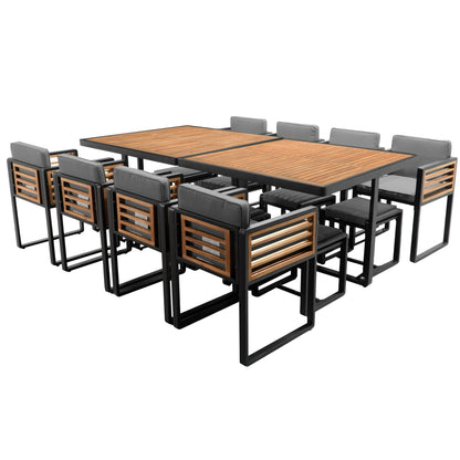 Ensemble de salle à manger de patio en bois d'acacia 18 pièces, comprenant 8 chaises rembourrées, 8 poufs et 2 tables carrées