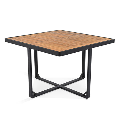 Ensemble de salle à manger de patio en bois d'acacia 18 pièces, comprenant 8 chaises rembourrées, 8 poufs et 2 tables carrées