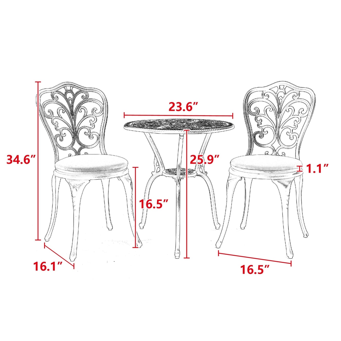 Ensemble table et chaises papillon d'extérieur en aluminium 3 pièces avec trou pour parasol
