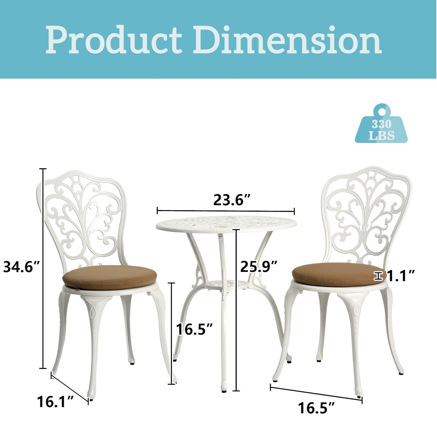 Ensemble table et chaises papillon d'extérieur en aluminium 3 pièces avec trou pour parasol