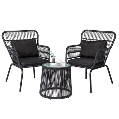 Ensemble bistro de conversation en résine tressée 3 pièces pour extérieur, mobilier de patio en rotin résistant aux intempéries avec coussins