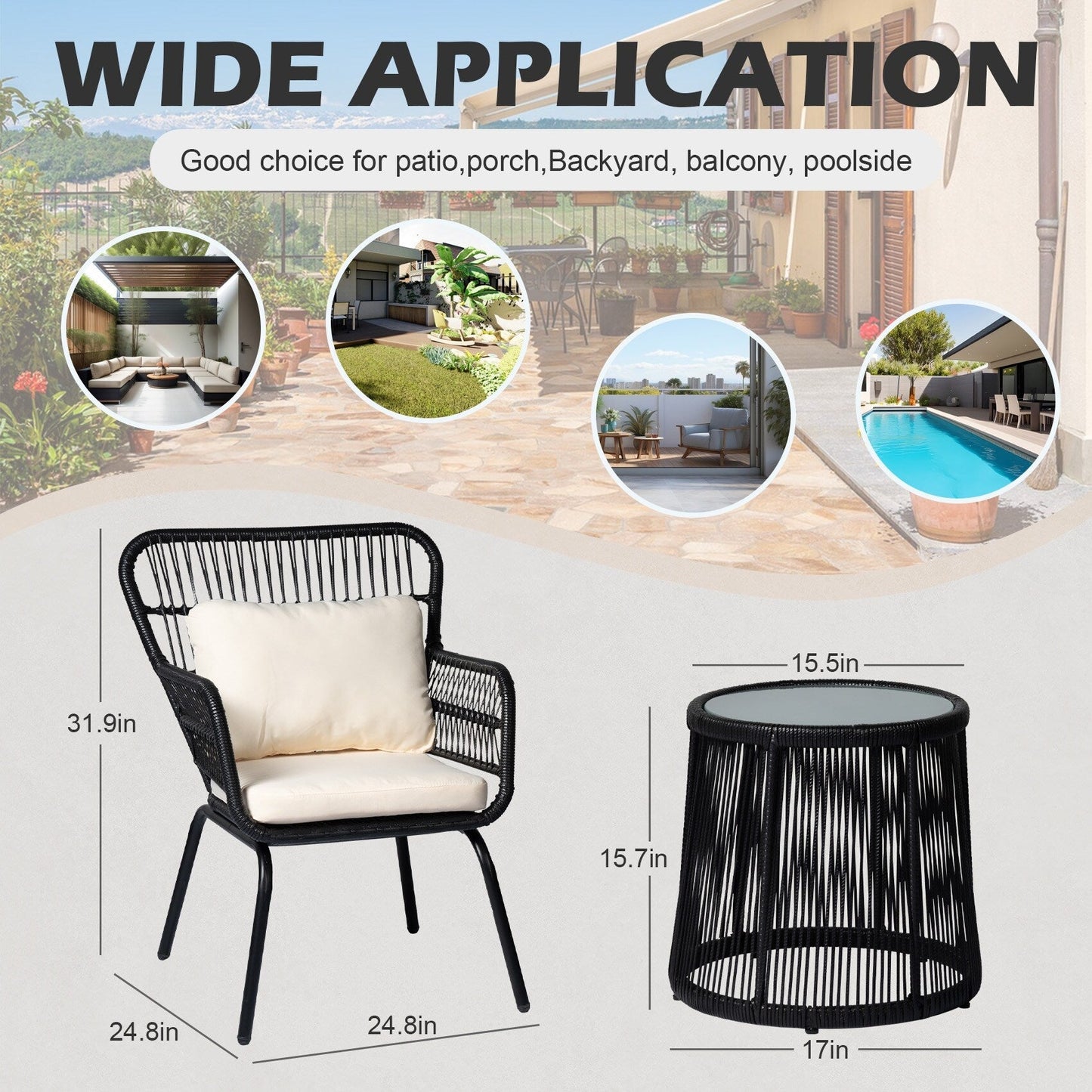 Ensemble bistro de conversation en résine tressée 3 pièces pour extérieur, mobilier de patio en rotin résistant aux intempéries avec coussins