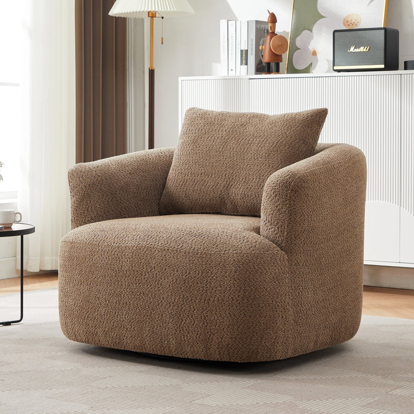 Fauteuil pivotant à 360°, fauteuil d'appoint en bouclette de 38,2 cm avec coussin décoratif, fauteuil-canapé rembourré avec accoudoirs incurvés