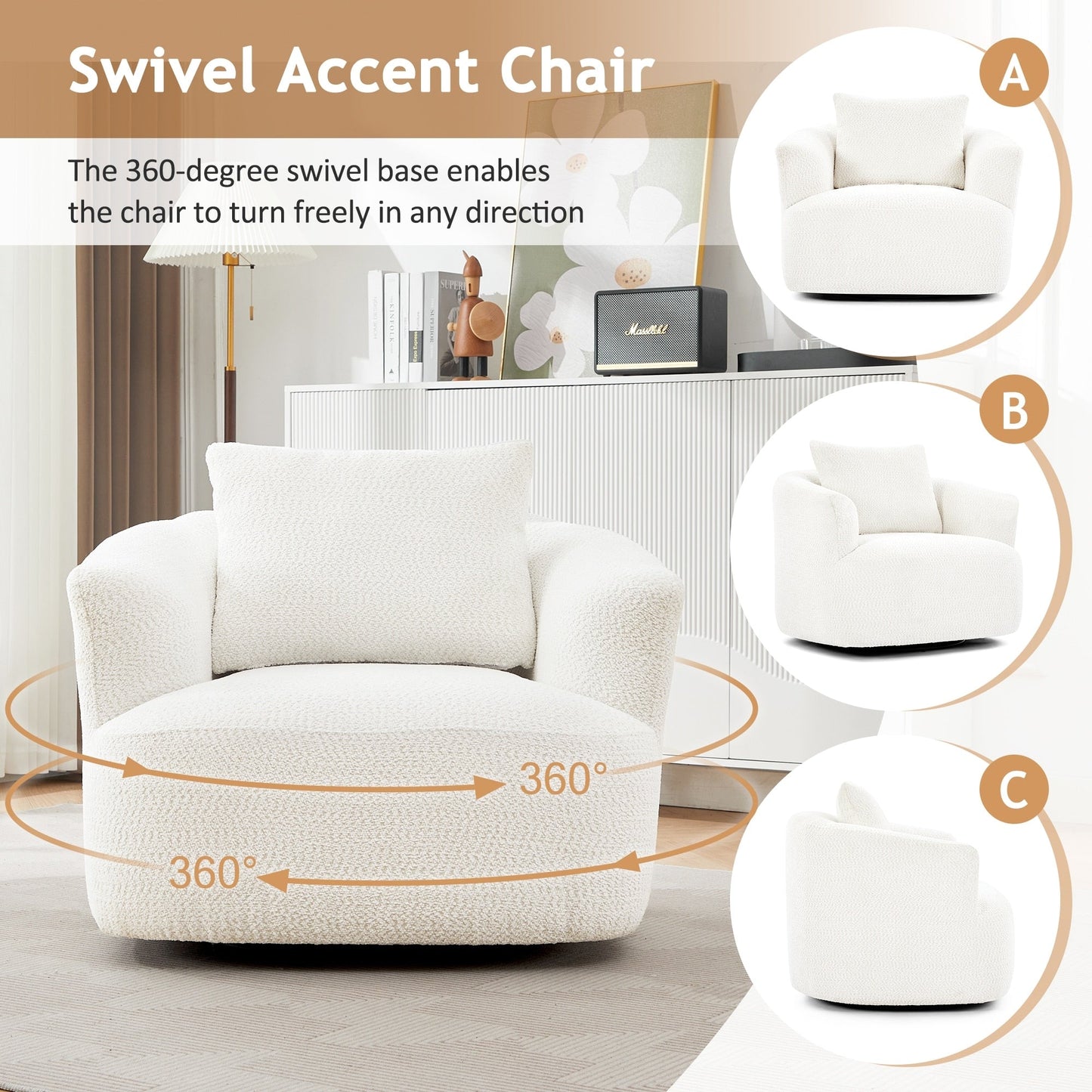 Fauteuil pivotant à 360°, fauteuil d'appoint en bouclette de 38,2 cm avec coussin décoratif, fauteuil-canapé rembourré avec accoudoirs incurvés