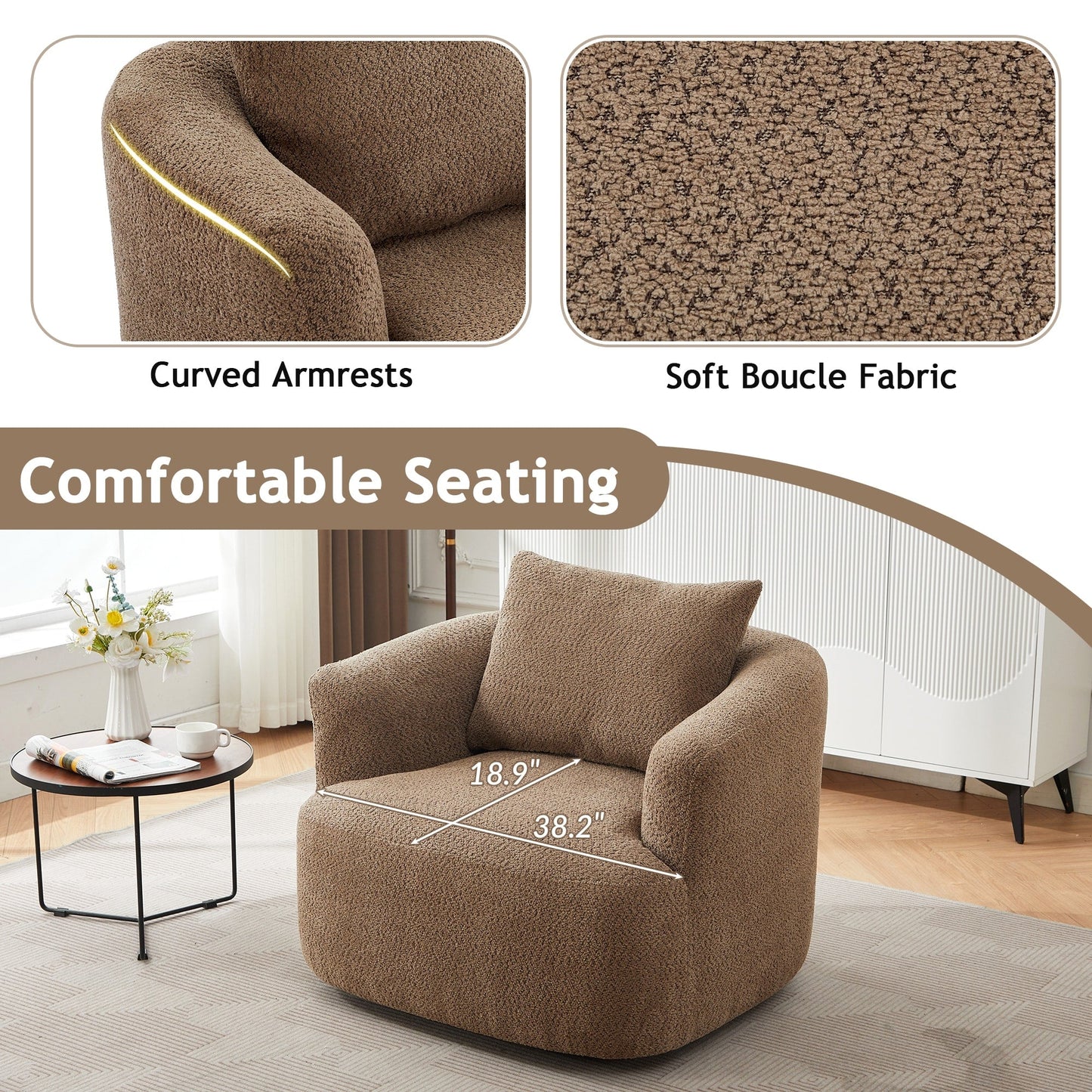Fauteuil pivotant à 360°, fauteuil d'appoint en bouclette de 38,2 cm avec coussin décoratif, fauteuil-canapé rembourré avec accoudoirs incurvés