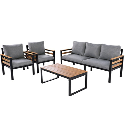 Ensemble de canapé d'extérieur 4 pièces pour 5 personnes avec coussin amovible et table basse en bois massif