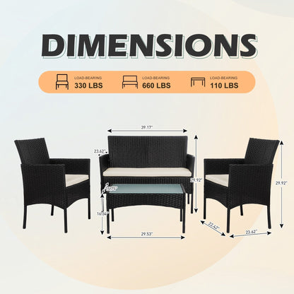 Ensemble de mobilier de jardin en résine tressée 4 pièces, canapé d'angle extérieur en rotin avec coussins