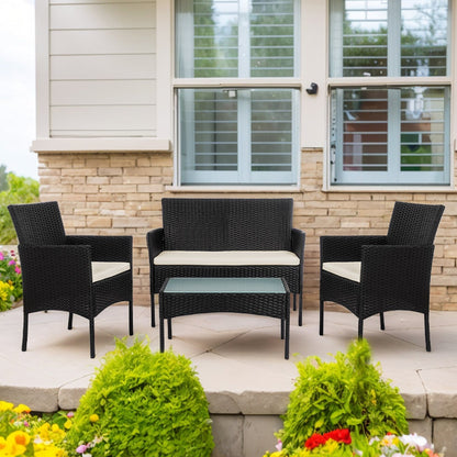 Ensemble de mobilier de jardin en résine tressée 4 pièces, canapé d'angle extérieur en rotin avec coussins