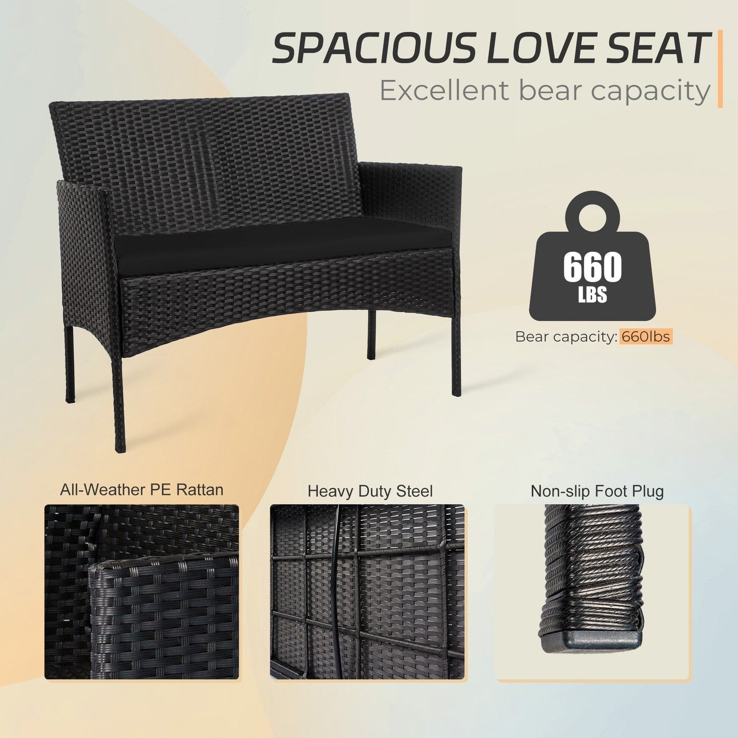 Ensemble de mobilier de jardin en résine tressée 4 pièces, canapé d'angle extérieur en rotin avec coussins