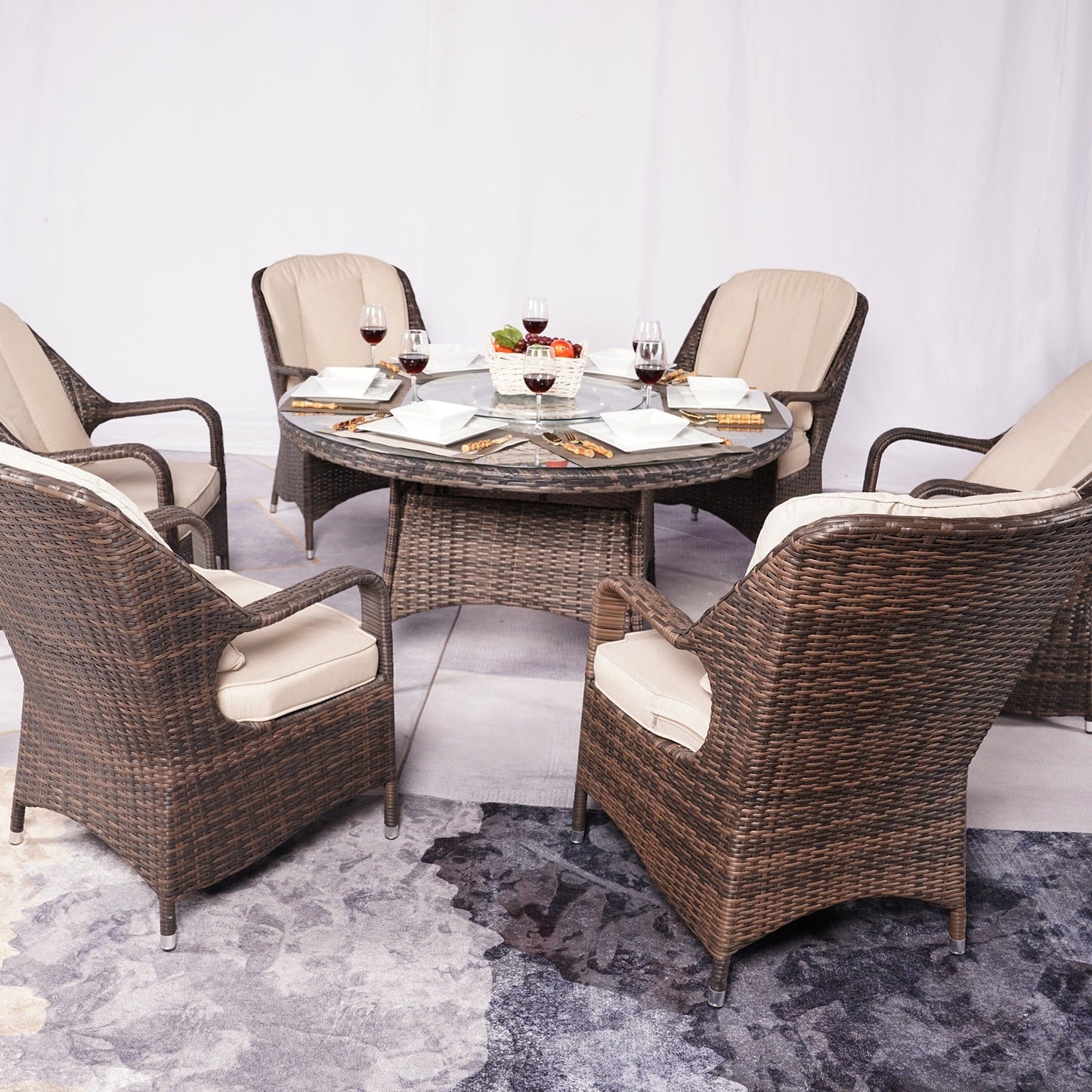 Ensemble de salle à manger rond d'extérieur en rotin tressé 7 pièces avec coussins par Moda Furnishings