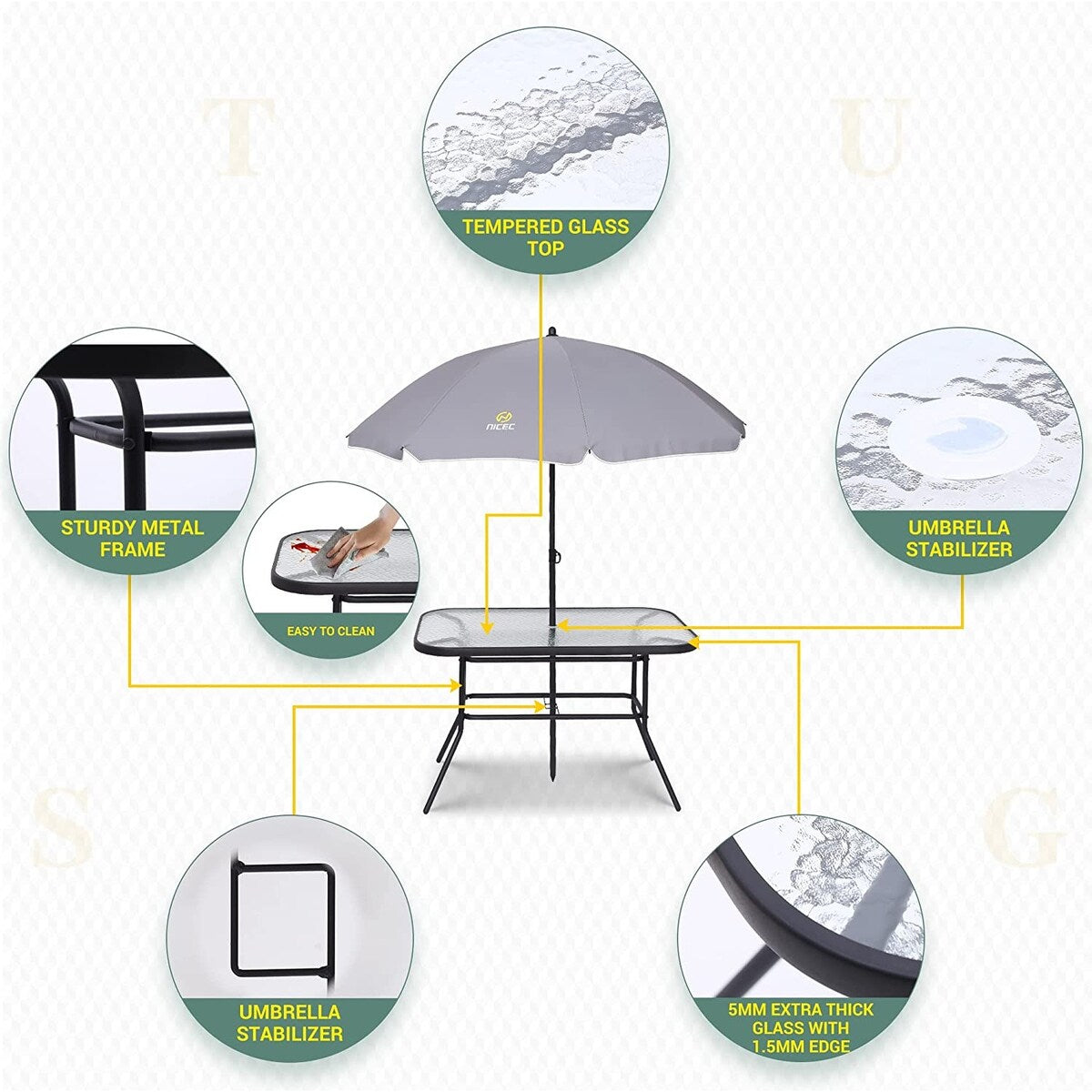 Ensemble de salle à manger de patio 8 pièces, ensemble de table de jardin avec parasol amovible, table en verre et 6 chaises pliantes