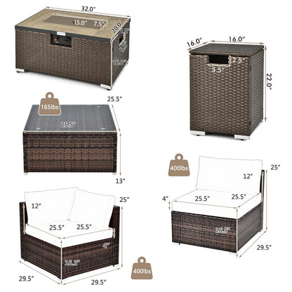 Ensemble de mobilier de patio en rotin 8 pièces comprenant une table foyer, un support pour bouteille de gaz et une housse de protection.