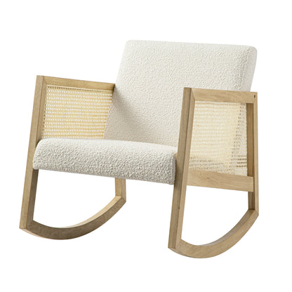 Fauteuil à bascule Fyne Ecru Boucle en chêne naturel avec accoudoirs en rotin