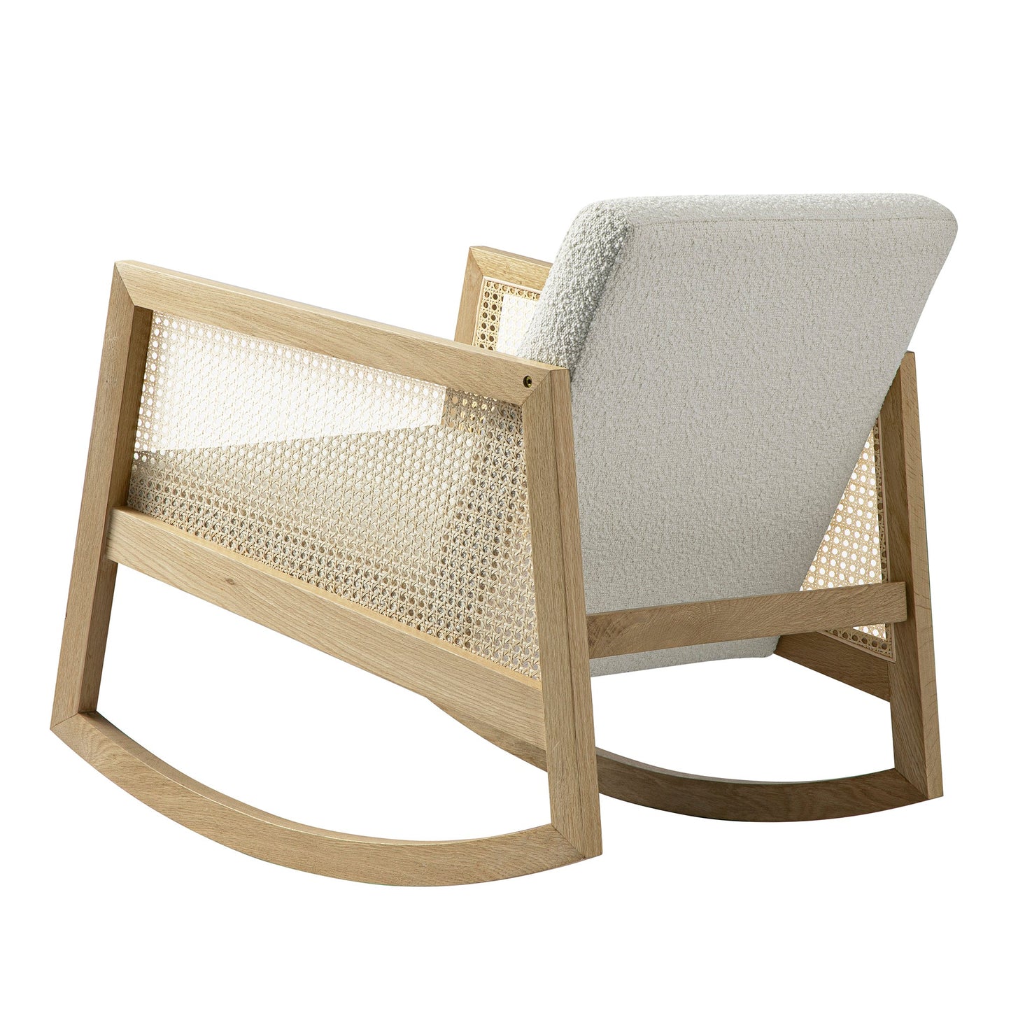 Fauteuil à bascule Fyne Ecru Boucle en chêne naturel avec accoudoirs en rotin