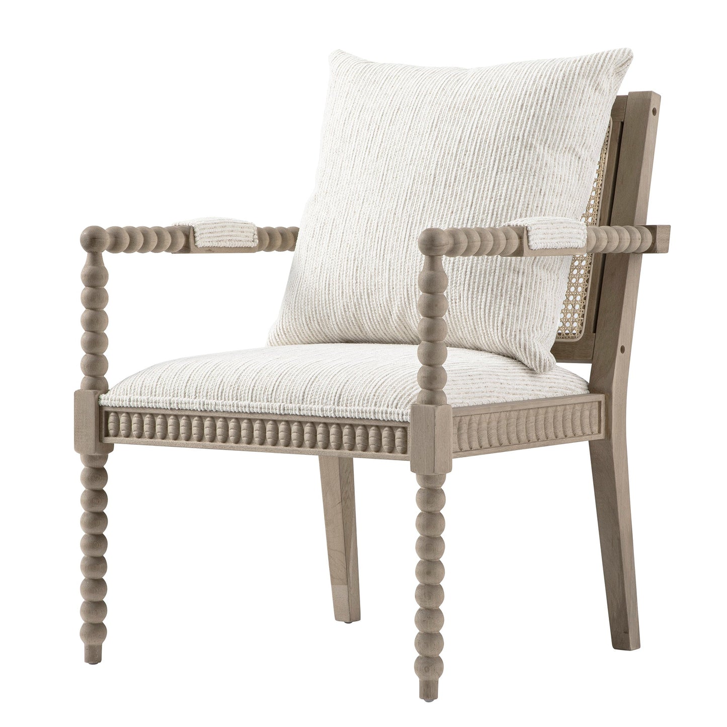 Fauteuil Hemingford en chêne lavé aux bobines, tissu texturé beige