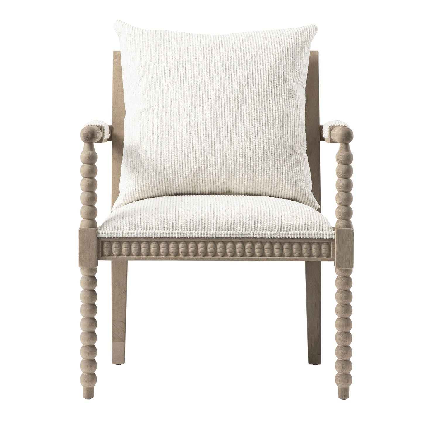 Fauteuil Hemingford en chêne lavé aux bobines, tissu texturé beige