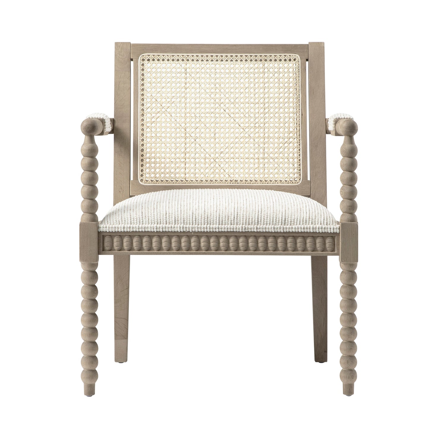 Fauteuil Hemingford en chêne lavé aux bobines, tissu texturé beige
