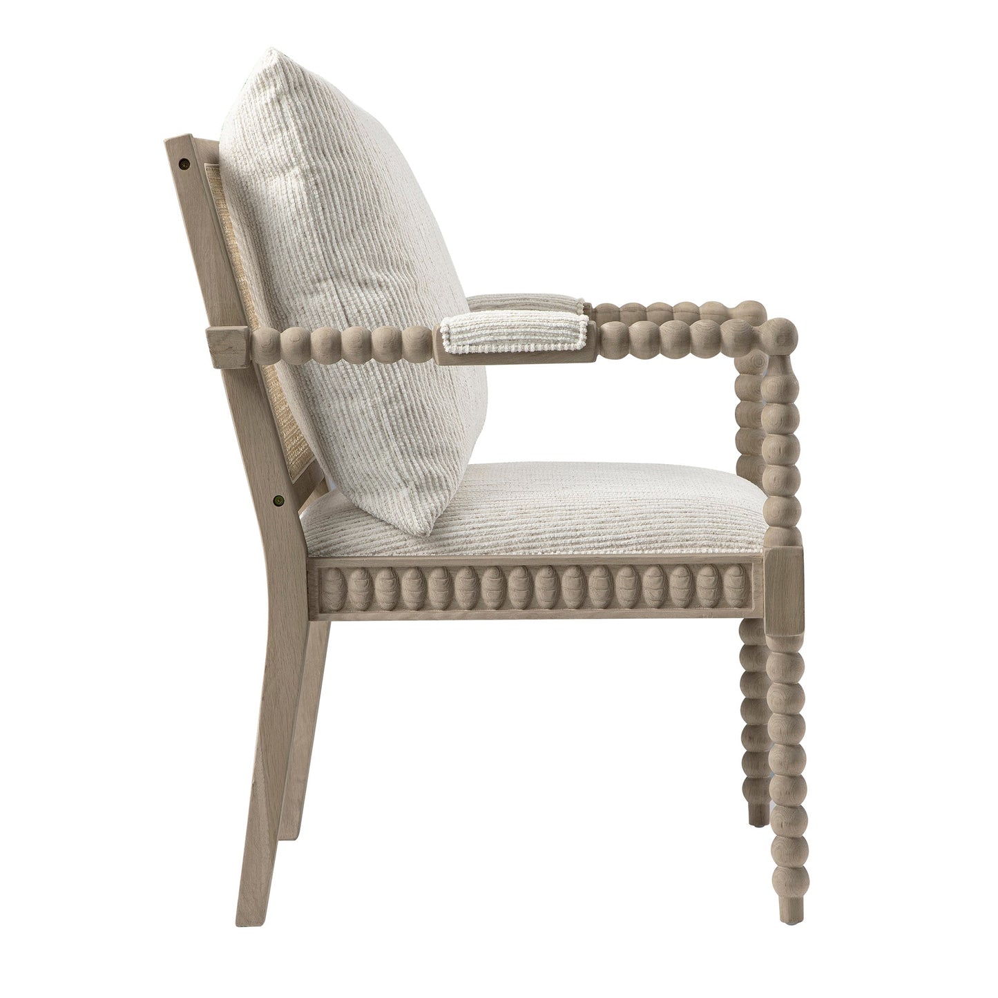 Fauteuil Hemingford en chêne lavé aux bobines, tissu texturé beige