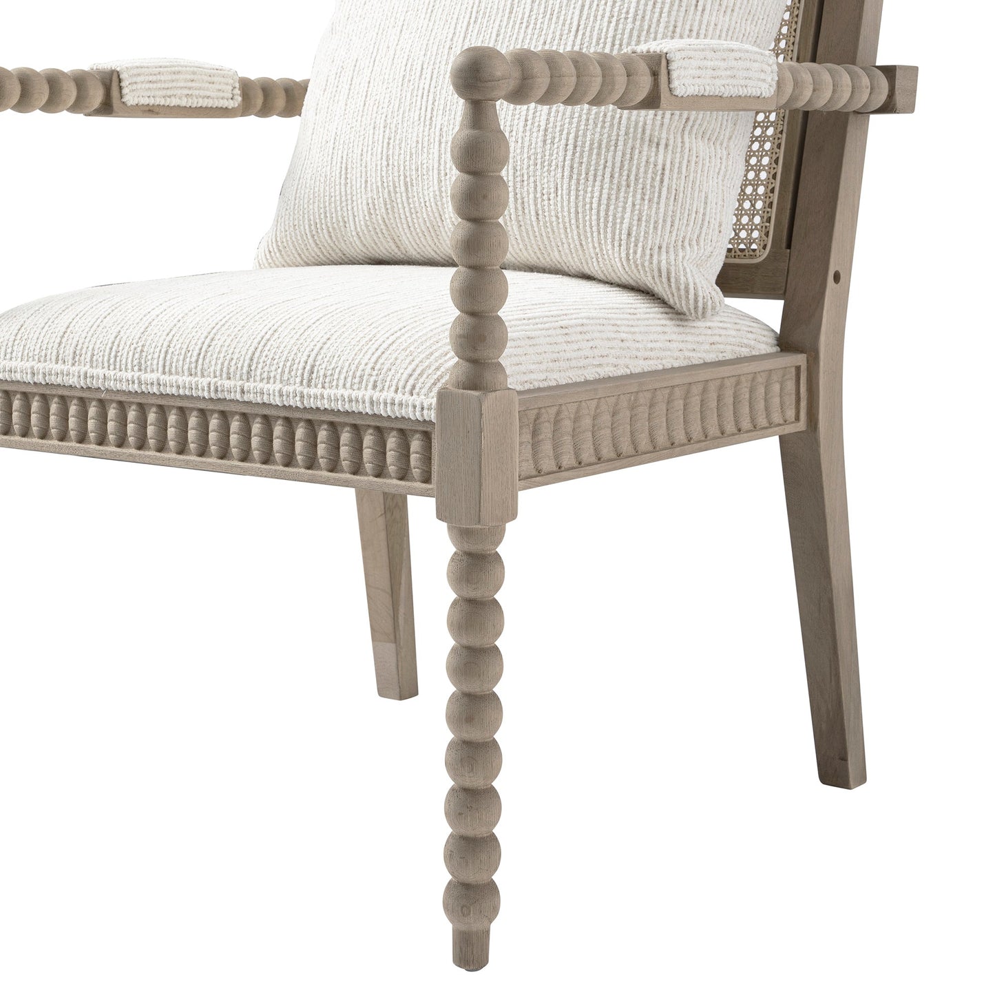 Fauteuil Hemingford en chêne lavé aux bobines, tissu texturé beige