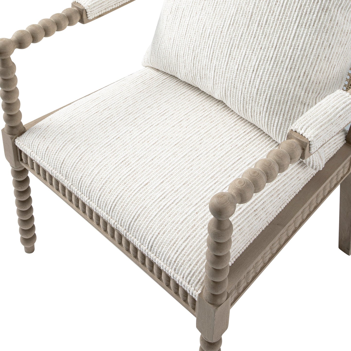 Fauteuil Hemingford en chêne lavé aux bobines, tissu texturé beige