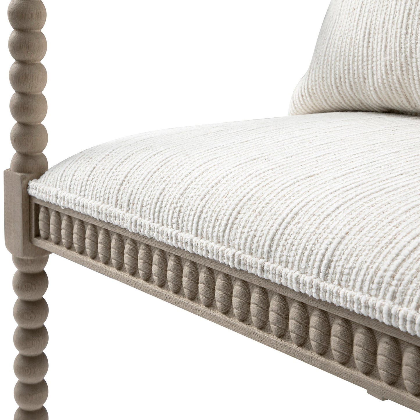 Fauteuil Hemingford en chêne lavé aux bobines, tissu texturé beige