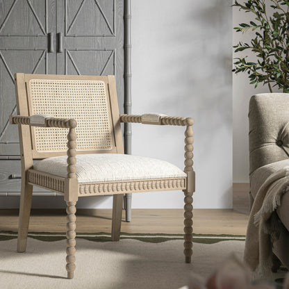 Fauteuil Hemingford en chêne lavé aux bobines, tissu texturé beige