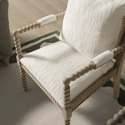 Fauteuil Hemingford en chêne lavé aux bobines, tissu texturé beige