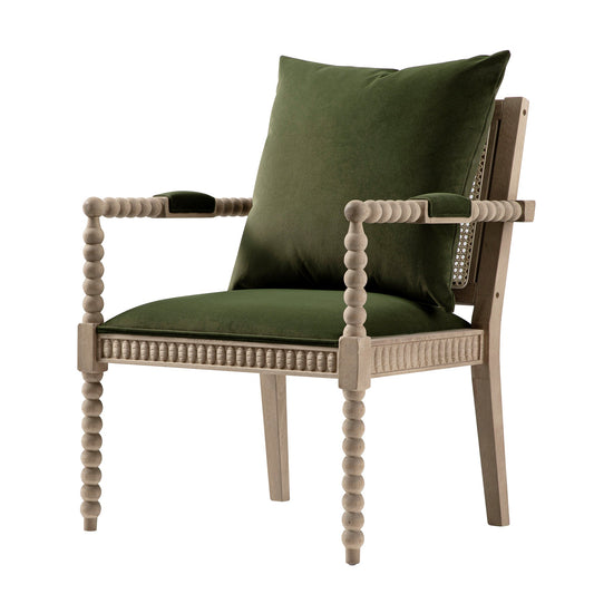 Fauteuil Hemingford en velours vert mousse et chêne lavé aux bobines