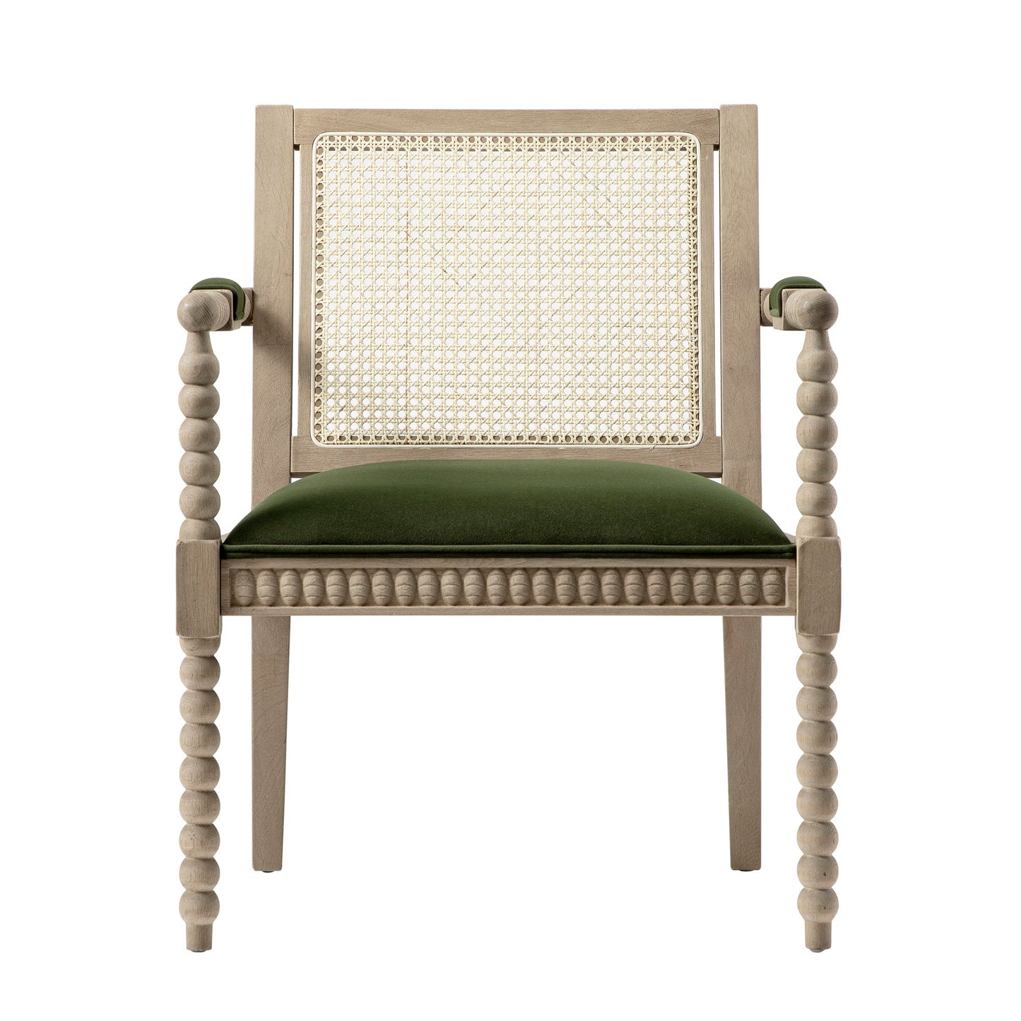 Fauteuil Hemingford en velours vert mousse et chêne lavé aux bobines
