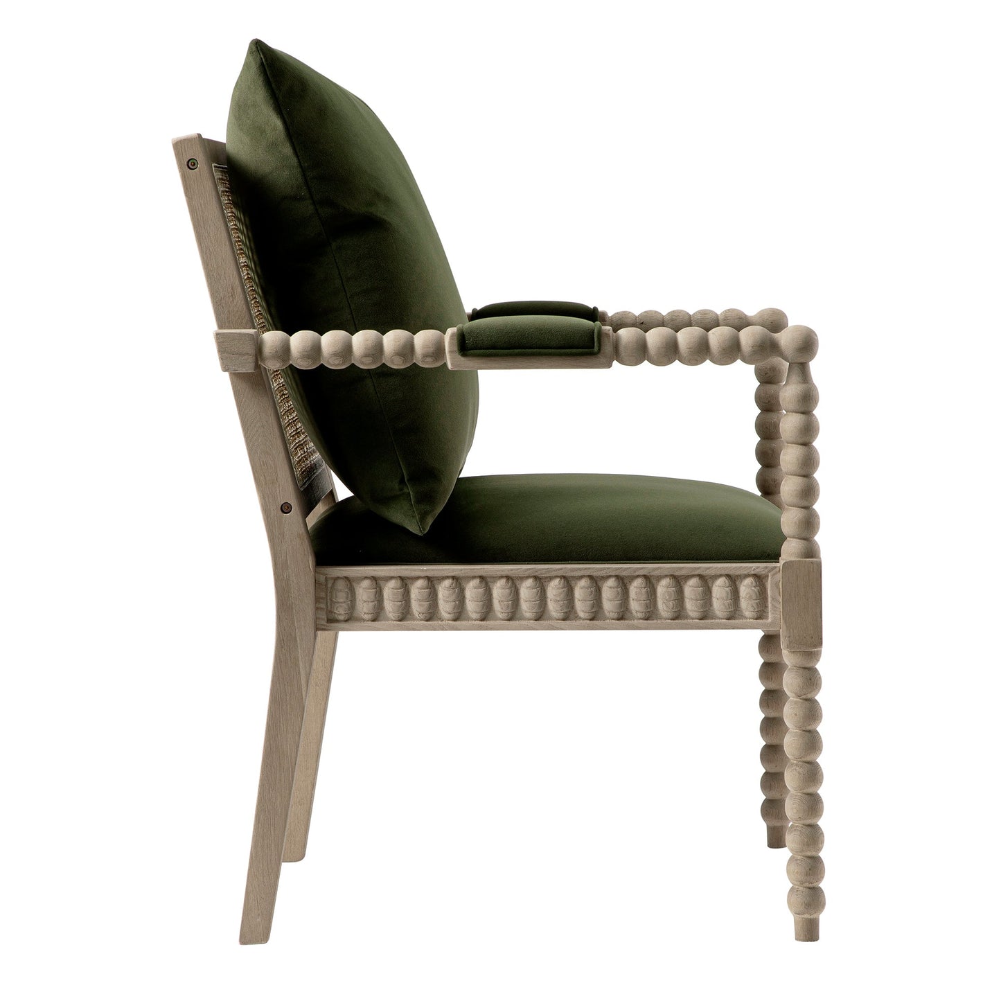 Fauteuil Hemingford en velours vert mousse et chêne lavé aux bobines