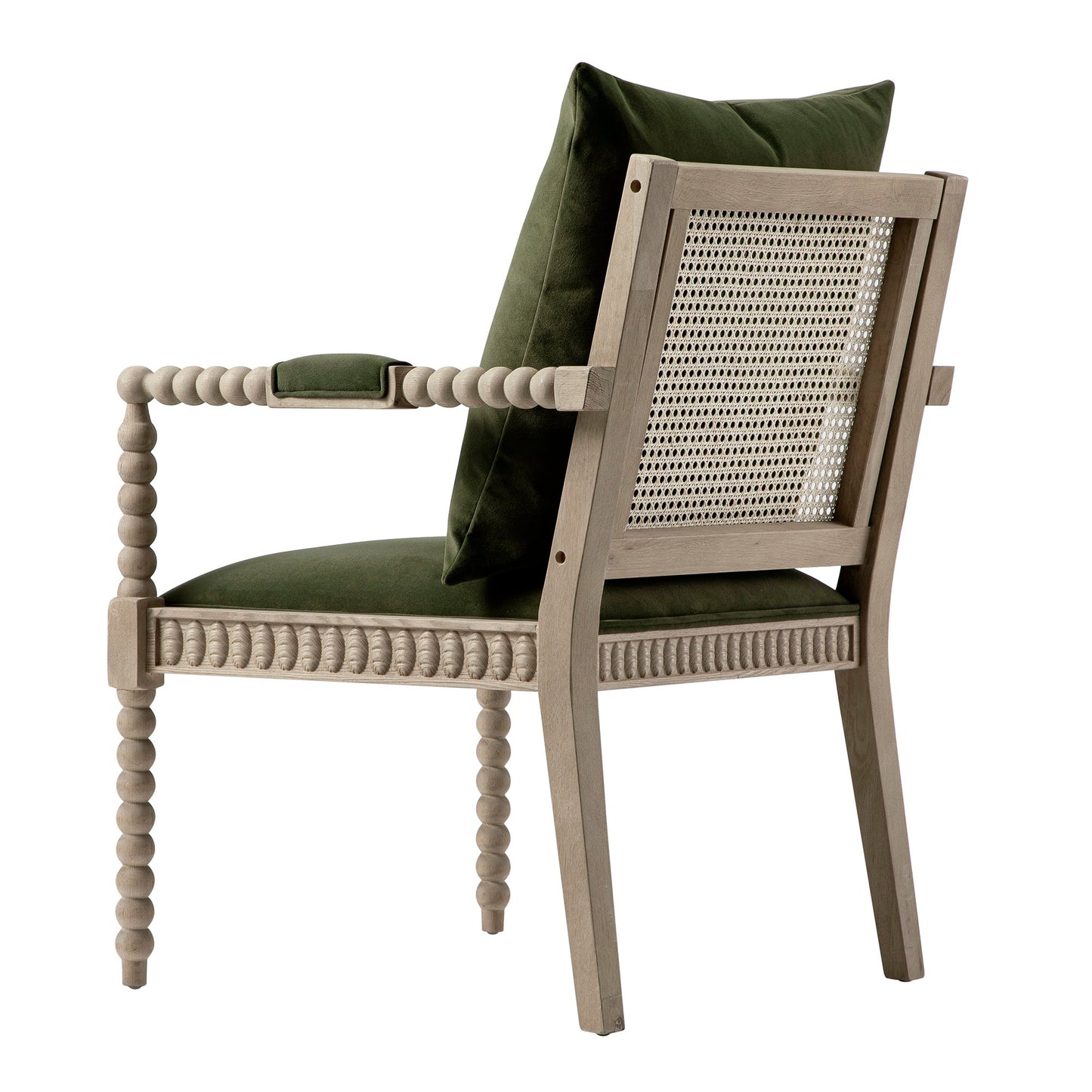 Fauteuil Hemingford en velours vert mousse et chêne lavé aux bobines
