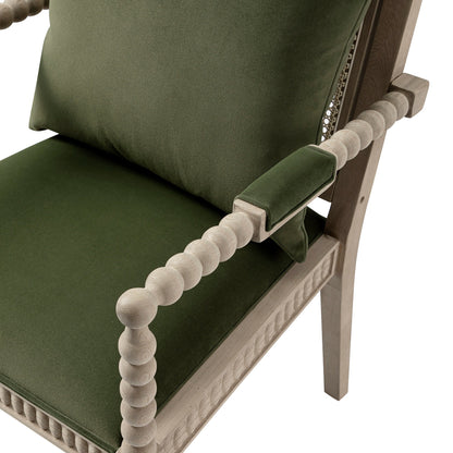 Fauteuil Hemingford en velours vert mousse et chêne lavé aux bobines