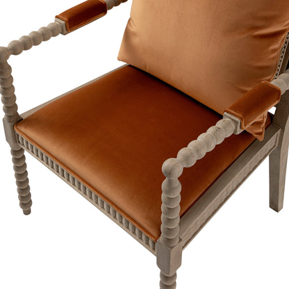 Fauteuil Hemingford en velours rouille et chêne lavé aux bobines